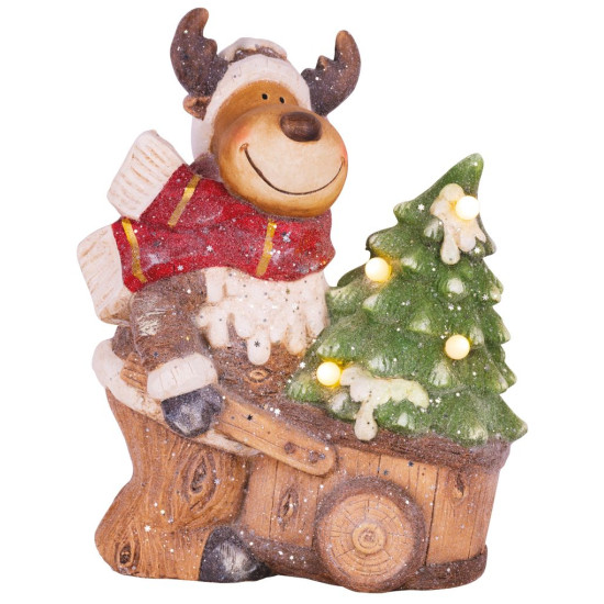 Decoration MagicHome Christmas, Reindeer with wagon, 4 LED, 3xAA, ceramics, 33,50x24x43 cm