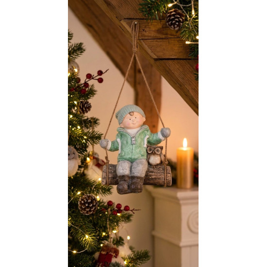 Ziemassvētku rotājumi MagicHome Christmas, Zēns šūpolēs ar pūci, piekarināms, keramika, 34,5x25,5x39,5 cm