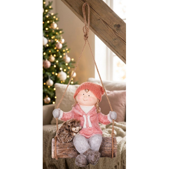 Figurine MagicHome Christmas, Girl on a swing with a hedgehog, hanging, ceramics, 31,5x28x36 cm Figurine MagicHome Christmas, Girl on a swing with a hedgehog, hanging, ceramics, 31,5x28x36 cm