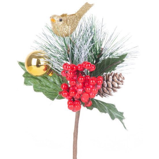 Декоративная ветка MаgiсHome с птичкой, красно-золотая, 16 см, в упаковке 6 шт.