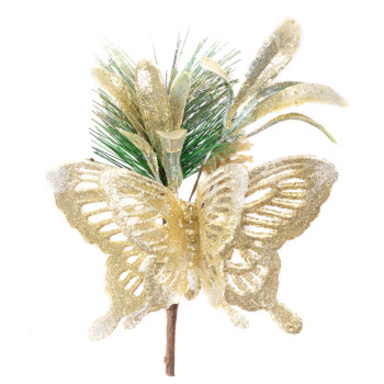 Декоративная ветка MagicHome с бабочкой и джутовой лентой, золото, 18 см, в упаковке 6 шт.