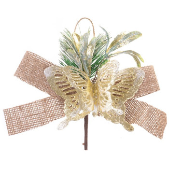 Декоративная ветка MagicHome с бабочкой и джутовой лентой, золото, 18 см, в упаковке 6 шт.