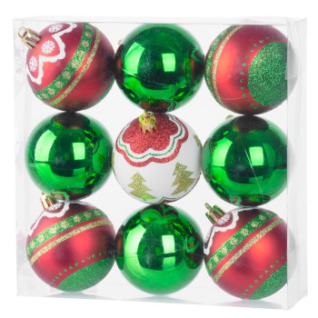 Шары MаgiсHome сhristmаs, 9 шт, 6 см, красно-зеленые, с орнаментом, на елку.