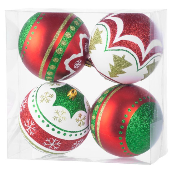 Globes MagicHome Christmas, 4 pcs, red - green, with ornaments, on the Christmas tree, 10 cm