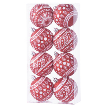 Шары MаgiсHome сhristmаs, 8 шт, 6 см, красные с белым орнаментом, на елку.