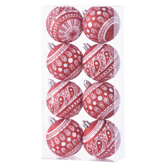 Globes MagicHome Christmas, 8 pcs, 6 cm, red with white ornament, on the Christmas tree Globes MagicHome Christmas, 8 pcs, 6 cm, red with white ornament, on the Christmas tree