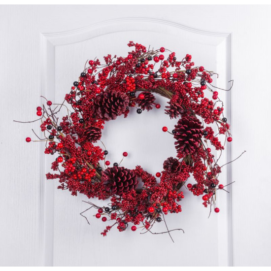 Рождественский венок MаgiсHome , из лозы и ежевики, красный, 60x60x15 см.