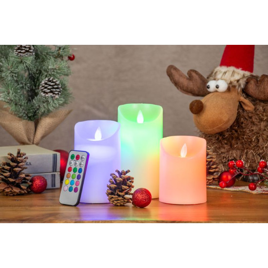 LED свечи MаgiсHome, набор 3 шт ( 7,5 х 10; 12,5; 15 см), 1 LED, 12 меняющихся цветов,  3xААА,таймер, движущееся пламя.