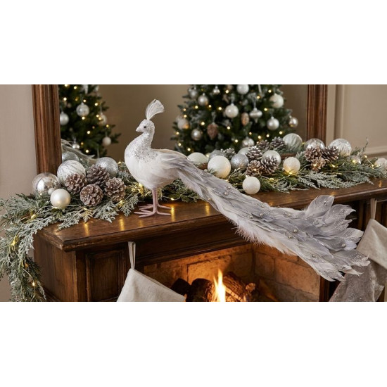 Ziemassvētku rotājumi MagicHome Christmas, Pāvs, sudrabs, dūnas, 50x20x23 cm Ziemassvētku rotājumi MagicHome Christmas, Pāvs, sudrabs, dūnas, 50x20x23 cm