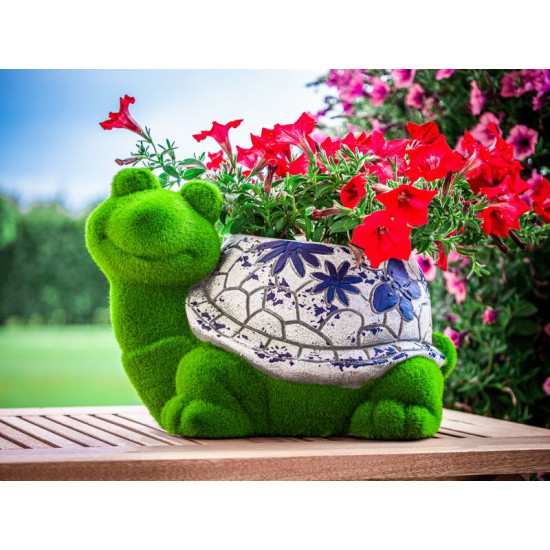 MagicHome dekorācija, Bruņurupucis ar puķu podu, zils ornaments, keramika, 33x24x23 cm