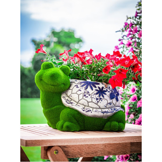 MagicHome dekorācija, Bruņurupucis ar puķu podu, zils ornaments, keramika, 33x24x23 cm