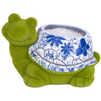 MagicHome dekorācija, Bruņurupucis ar puķu podu, zils ornaments, keramika, 33x24x23 cm