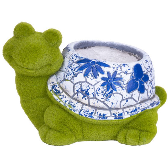 MagicHome dekorācija, Bruņurupucis ar puķu podu, zils ornaments, keramika, 33x24x23 cm