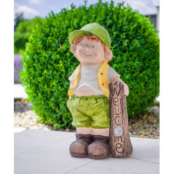 Декоративная садовая фигурка MаgiсHome, Мальчик с доской, керамика, светодиод, солнечная батарея, 24x18x49 см