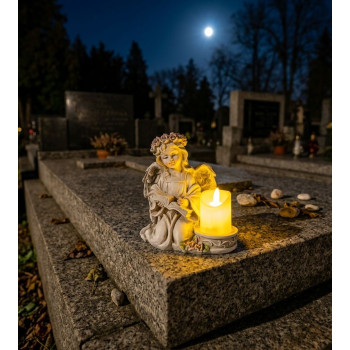 MagicHome decoration, Angel with a book and a candle, 1xLED, polyresin, for the grave, 17.5x12x17.5 cm