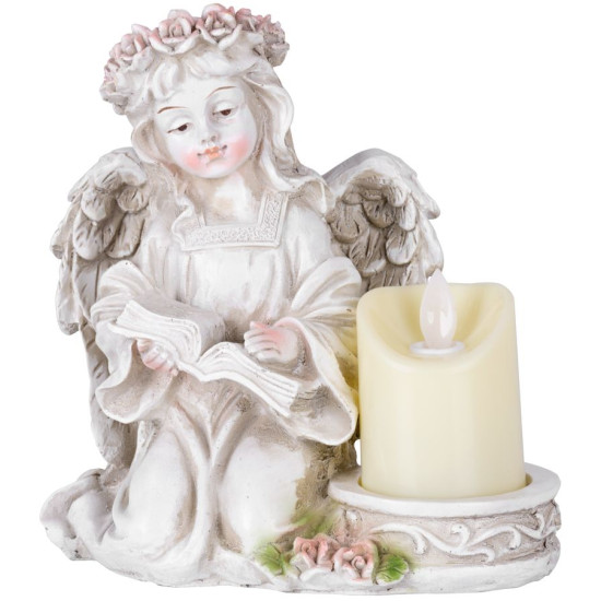 MagicHome decoration, Angel with a book and a candle, 1xLED, polyresin, for the grave, 17.5x12x17.5 cm