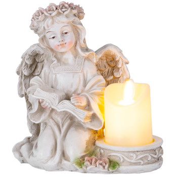 MagicHome decoration, Angel with a book and a candle, 1xLED, polyresin, for the grave, 17.5x12x17.5 cm