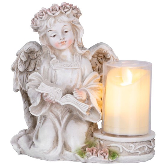 MagicHome decoration, Angel with a book and a candle, 1xLED, polyresin, for the grave, 17.5x12x17.5 cm