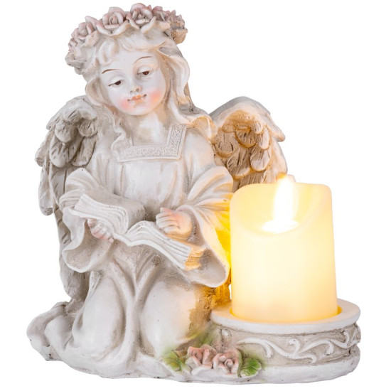 MagicHome decoration, Angel with a book and a candle, 1xLED, polyresin, for the grave, 17.5x12x17.5 cm