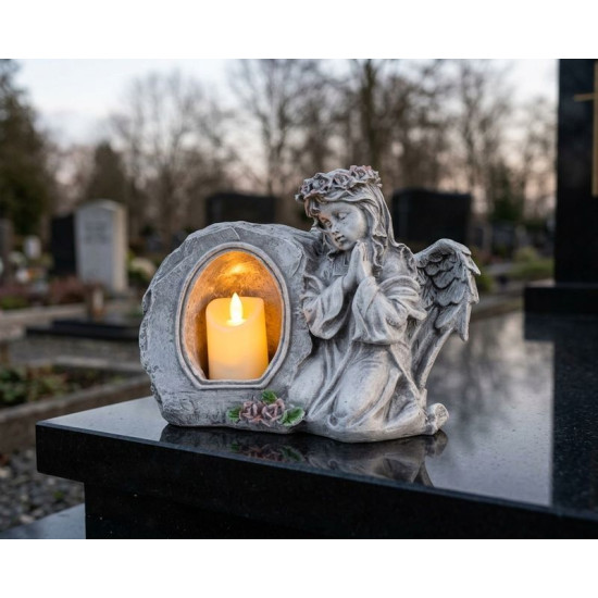 MagicHome decoration, Angel praying with candle, 1xLED, polyresin, for grave, 28x13x21.5 cm