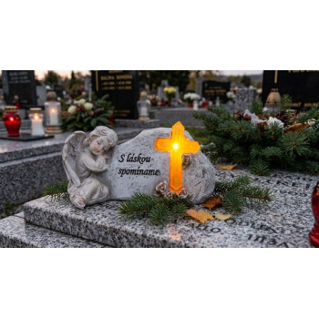 MagicHome decoration, Angel with a cross, polyresin, for the grave, solar, 20.5x11x11 cm,