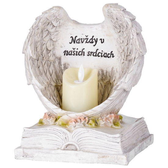 MagicHome decoration, Angel wings on a book with a candle, 1xLED, polyresin, for the grave, 18x13.5x20 cm