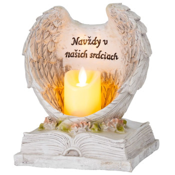 MagicHome decoration, Angel wings on a book with a candle, 1xLED, polyresin, for the grave, 18x13.5x20 cm