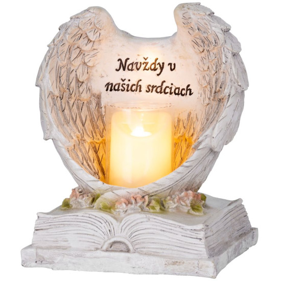 MagicHome decoration, Angel wings on a book with a candle, 1xLED, polyresin, for the grave, 18x13.5x20 cm