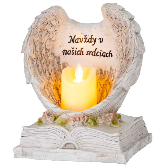 MagicHome decoration, Angel wings on a book with a candle, 1xLED, polyresin, for the grave, 18x13.5x20 cm
