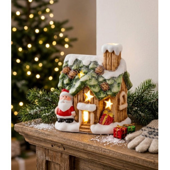 Decoration MagicHome Christmas, House with Santa, LED, terracotta, 10x8.3x12.2 cm