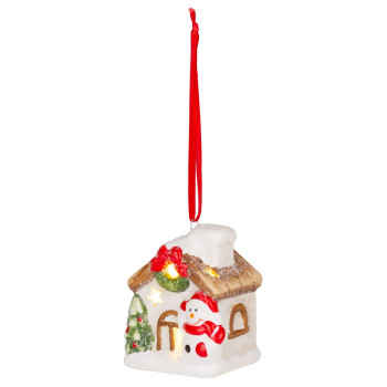 Рождественская фигурка MаgiсHome, Домик со снеговиком, LED, терракота, подвесное, 5,8x5x7 см