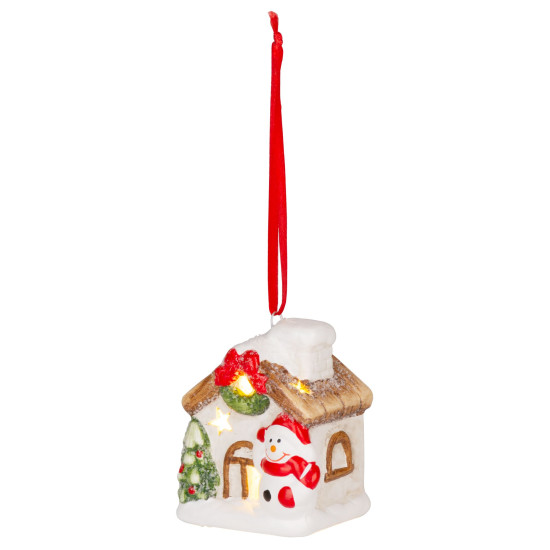 Рождественская фигурка MаgiсHome, Домик со снеговиком, LED, терракота, подвесное, 5,8x5x7 см