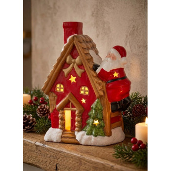 Decoration MagicHome Christmas, House with Santa on the roof, LED, terracotta, 2xAAA, 27x13x34 cm