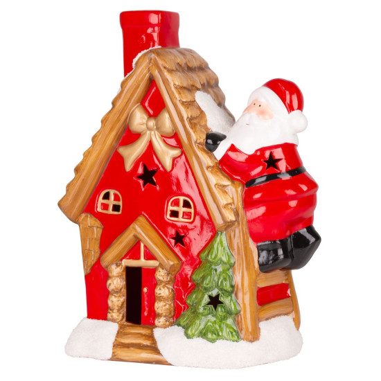 Decoration MagicHome Christmas, House with Santa on the roof, LED, terracotta, 2xAAA, 27x13x34 cm