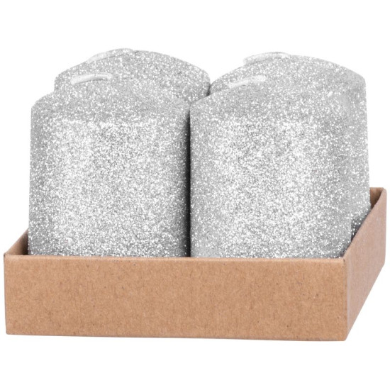 Рождественская свеча MаgiсHome, 4x6 см, в пачке. 4 шт., серебро, с блестками.