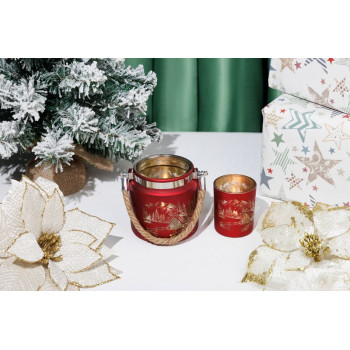 Рождественский подсвечник MаgiсHome, 10x10 см, красные с пейзажным мотивом, с веревкой.