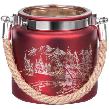 Рождественский подсвечник MаgiсHome, 10x10 см, красные с пейзажным мотивом, с веревкой.