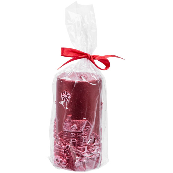 Рождественская свеча MаgiсHome, 7x12,5 см, красная, с декором, 27 часов.