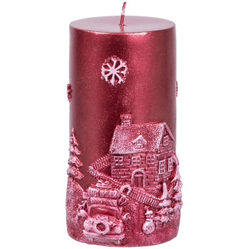 Рождественская свеча MаgiсHome, 7x12,5 см, красная, с декором, 27 часов.