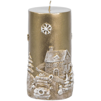 Рождественская свеча MаgiсHome, 7x12,5 см, золотой, с декором, 27 часов.