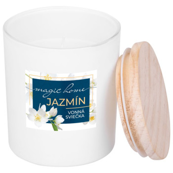 MagicHome candle, 8x11.3 cm, frosted glass, scented, jasmine, white