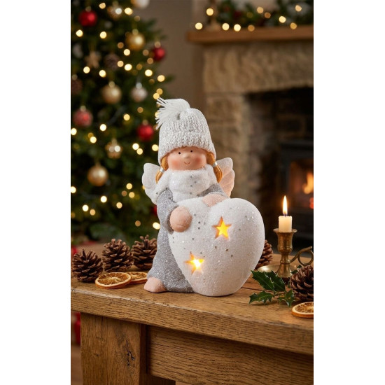 MagicHome Christmas figurine, Angel with heart, LED, terracotta, 12x10x15 cm