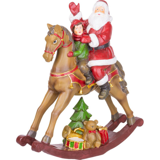 MagicHome Christmas rotājums, Ziemassvētku vecītis ar zēnu zirgā, polirezīns, 28x10x30 cm