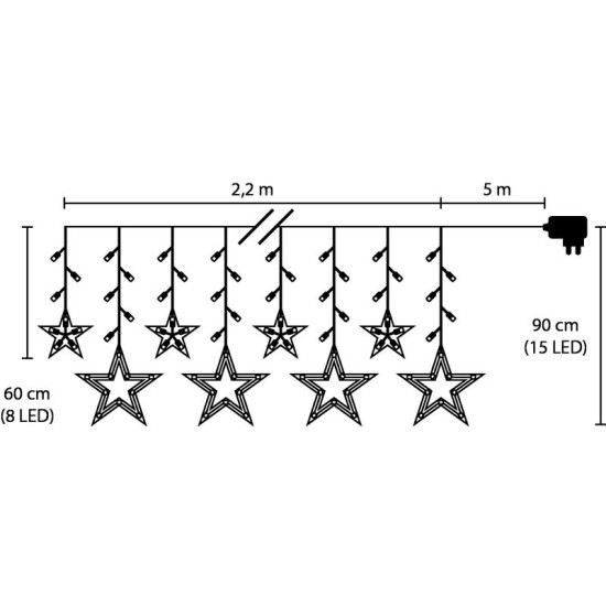 MagicHome Ziemassvētku aizkaru ķēde, 138x LED silti balta, ar zvaigznēm, 230V, 8 funkcijas, apgaismojums, L-220x60/90 cm