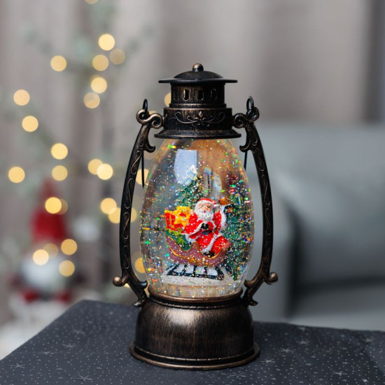 Фонарь MagicHome Christmas Retro, светодиодный, с Дедом Морозом, с блестками, черный, 3хАА, пластик, 13х11х24/35 см