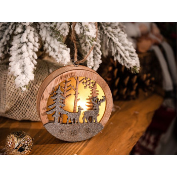MagicHome Christmas decoration, Deer in a ball, LED, hanging, wooden, MDF, 85x20x85 mm