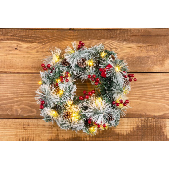 LED рождественский венок MаgiсHome, натуральный, заснеженный, с сосновыми шишками, 20 LED, теплый белый, 3xAA, 8 функций, 30 см