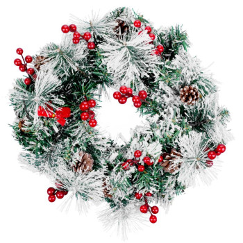 LED рождественский венок MаgiсHome, натуральный, заснеженный, с сосновыми шишками, 20 LED, теплый белый, 3xAA, 8 функций, 30 см