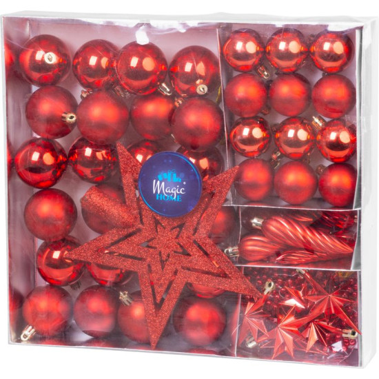 Рождественские шары MаgiсHome, набор, 50 шт( звезда, шары, шишки,гирлянда), красный,  для елки