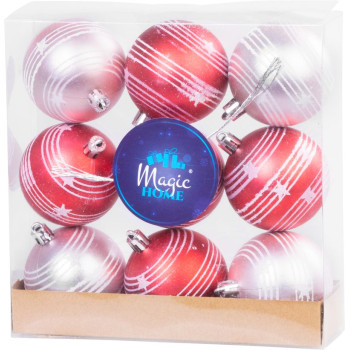 Рождественские шары MаgiсHome, красно-розовые, матовые, с орнаментом, для елки, 6 см, 9 шт.